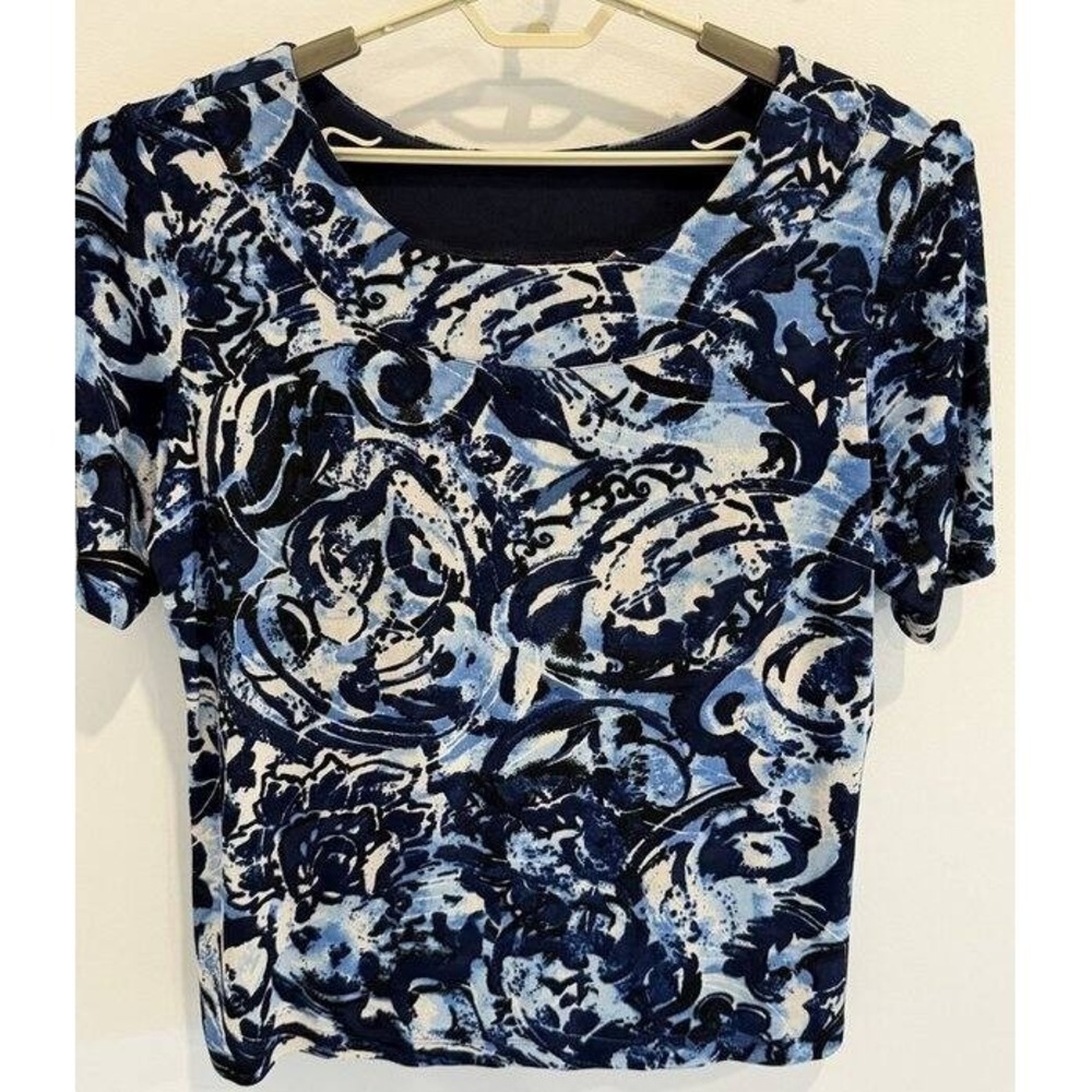 Chicos Travelers Short Sleeve Shirt Blue Black Abstract Print‎ Size 3 XL